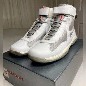 Prada Nevada bike Hightop Lace Up leather sneaker White Gray men  US 12 EU 45